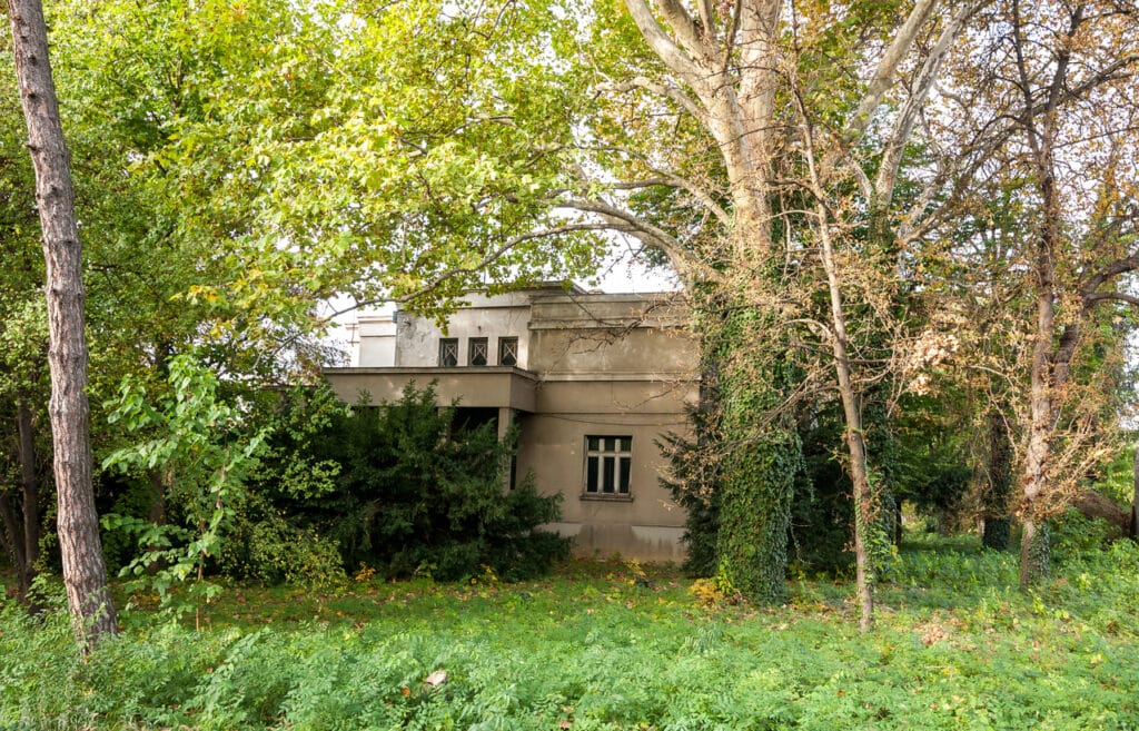 An old stone building partially hidden by dense trees and greenery.